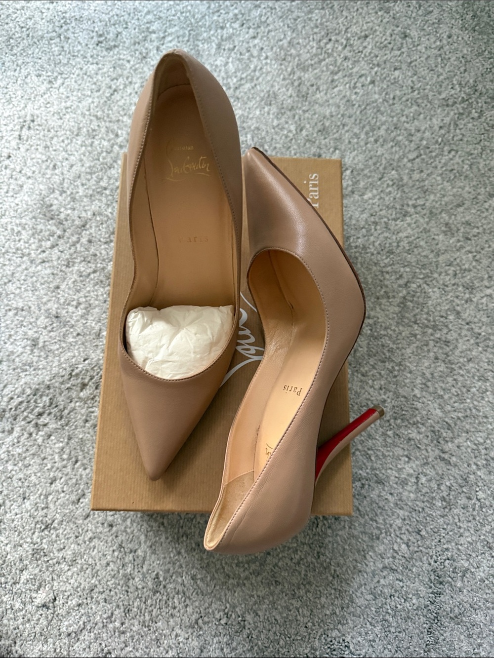 Christian Louboutin Beige Leather Pointed-Toe Pumps with Red Sole